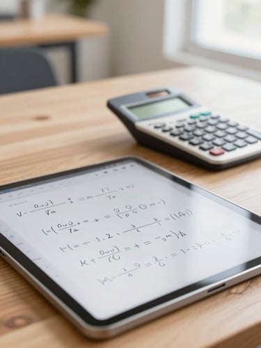 A close-up of a handwritten mathematics diagram on a digital tablet, a scientific calculator nearby on a clean wooden desk, bright natural South African daylight, soft focus background, 35mm