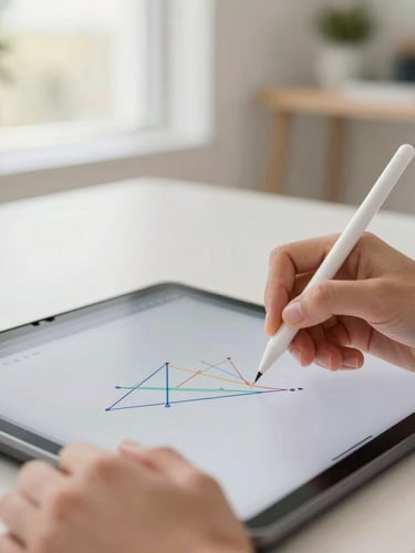 Close-up of hands drawing a colorful geometry proof on a digital tablet with a stylus, bright natural South African daylight, soft focus background, 35mm