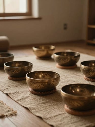 Wide shot of a quiet, earth-toned studio space with natural textures like raw linen and wood, a few Himalayan singing bowls arranged on a low table, soft indirect light from a window.