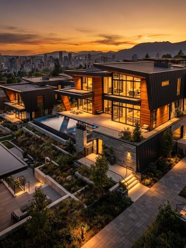 Detailed analytics dashboard showing real estate lead flow and conversion rates, architectural lines, golden hour lighting, deep contrast