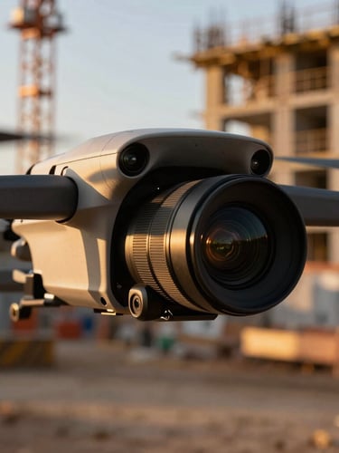 Close-up of a high-resolution camera lens on a drone, with a blurred background of a construction site, crisp studio lighting, deep contrast.