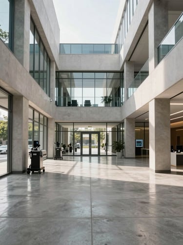 Symmetrical architectural shot of a modern corporate building lobby with clean polished concrete floors, bright neutral daylight streaming through glass walls, professional maintenance equipment placed neatly to the side.