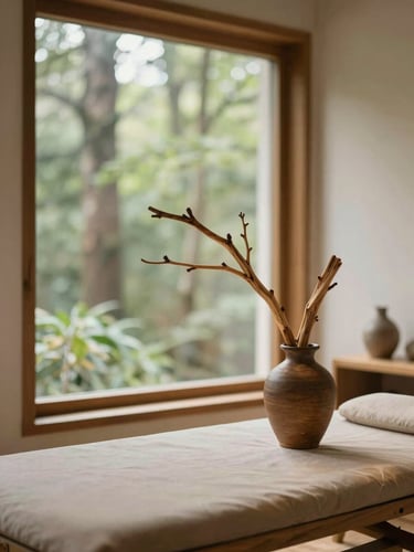 Soft diffused daylight illuminating a minimalist treatment room with warm wood accents and a single branch of Himalayan cedarwood in a clay vase, 35mm photography