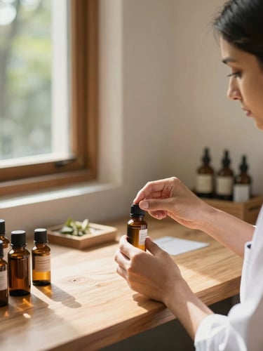 A professional therapist preparing local botanical oils in a clean, minimalist Dehradun studio, warm natural sunlight, shallow depth of field, 35mm