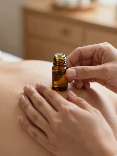 Macro close-up of therapist hands applying warm botanical oil to a shoulder, soft-lit treatment room, shallow depth of field, warm wood tones