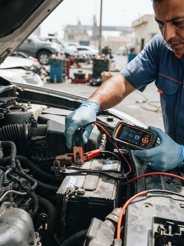 Action-oriented close-up of a technician testing a car battery with a digital diagnostic tool under bright midday Dubai sun, safety orange accents.