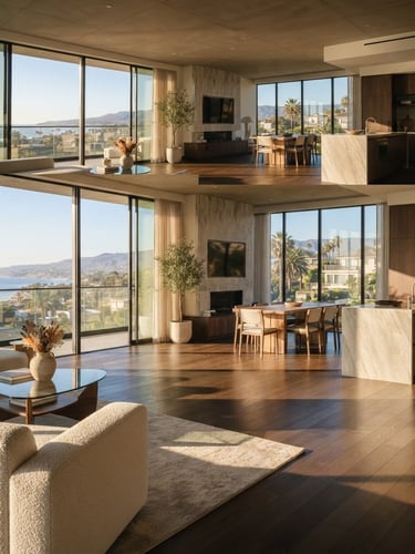 Cinematic architectural video loop of a luxury modern apartment interior, warm natural California sunlight streaming through floor-to-ceiling windows, slow panning shot, 35mm lens