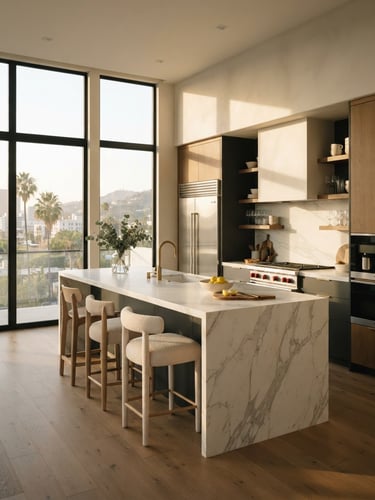 Cinematic slow panning video frame of a pristine luxury modern apartment kitchen in Los Angeles, warm afternoon sunlight pouring through massive windows, flawless marble countertops.