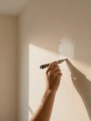 Cinematic close-up video of a professional painter applying a perfect paint edge to a warm champagne-colored wall, natural sunlight, sharp focus, 35mm lens