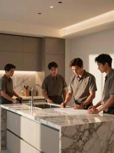 Cinematic close-up of a luxury apartment kitchen renovation, marble countertops, warm architectural lighting, a uniformed team member carefully inspecting the finishing details