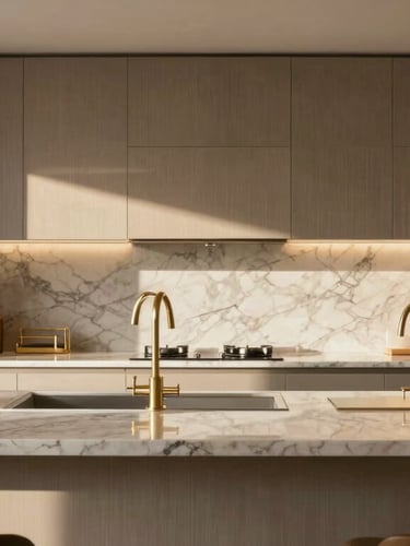 Cinematic vertical portrait of a modern luxury kitchen remodel, warm architectural lighting reflecting off polished marble countertops and gold fixtures, clean lines.