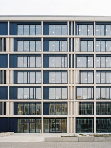 Wide architectural crop of a minimalist modern corporate building facade, clean lines, soft natural window light, deep navy and warm off-white tones, 35mm lens