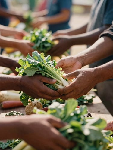 A close-up documentary shot of hands distributing fresh produce at a community center, warm natural daylight, earthy tones, 35mm film look