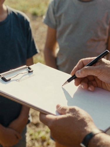 A close-up of a volunteer's hands holding a clipboard, guiding a family, natural golden-hour light, earthy tones, 35mm film look.