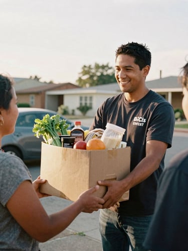 Warm documentary photography of a local community organizer handing a fresh grocery box to a family under soft golden-hour daylight, 35mm film look