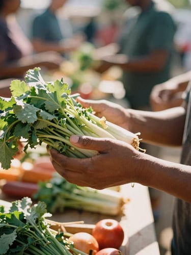 A close-up documentary photograph of hands distributing fresh produce at a community center, warm natural daylight, authentic human subjects
