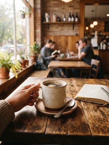 Warm editorial photography of a cozy cafe interior with soft morning window light, rich wooden tables, and a steaming mug of coffee, 35mm
