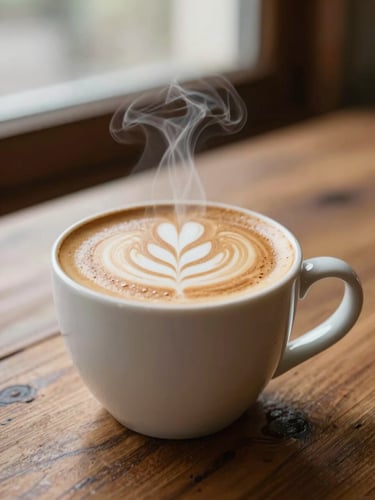 Close-up of a steaming mug of espresso with clean latte art sitting on a rustic wooden table, warm natural morning light, shallow depth of field