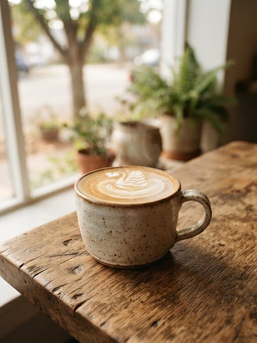 Warm editorial photograph of a steaming ceramic mug with beautiful latte art sitting on a rustic wooden table, soft morning window light, shallow depth of field