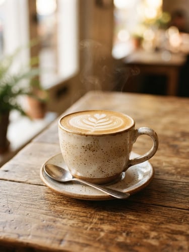 A steaming mug of latte art with warm morning window light casting soft shadows on a rustic wooden table, 35mm editorial photography