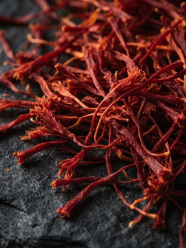 Macro close-up of raw saffron threads on a dark stone surface, dramatic side-lit studio lighting, rich warm tones, deep slate background, 35mm