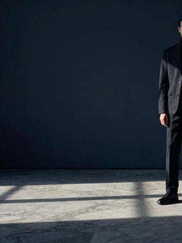 Wide editorial scene: a figure in structured dark fashion standing at the far right of frame, deep navy-toned interior with dramatic raking studio light casting long shadows left across an empty marble floor, atmospheric and sparse, cinematic three-quarter crop, intentional negative space dominating the left two-thirds