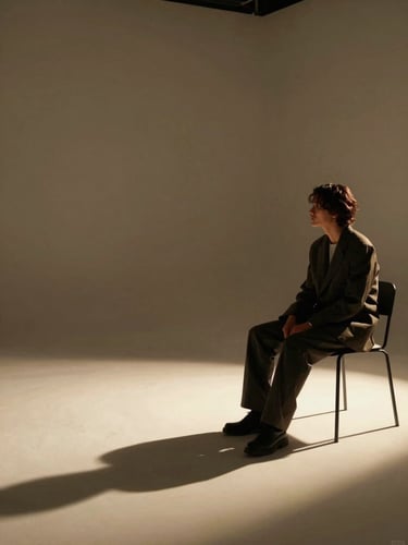 Wide editorial scene on a film set interior, a figure in tailored dark fabric seated at an angle under a single dramatic side light, props arranged with intentional negative space to the left, deep shadows carving geometry across the frame, studio-controlled warm tungsten glow