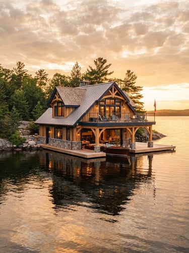 Wide panoramic shot of a newly constructed luxury boathouse on a calm Muskoka lake at golden hour, timber frame visible, water reflecting warm light, expansive sky.