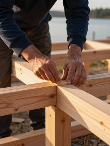 Close-up of skilled hands performing precise timber-frame joinery, warm cedar tones, focused lighting.