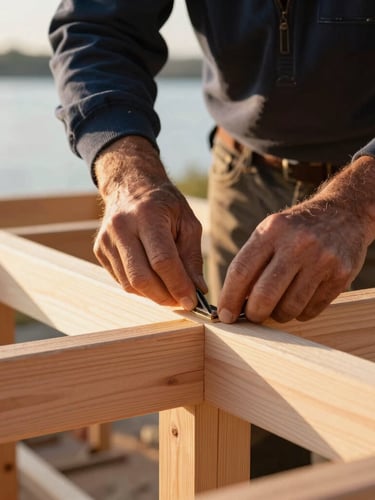 Close-up of an experienced craftsman's hands (Wayne) working on timber-frame joinery, focused on precise cuts, warm morning sun highlighting wood textures, sharp detail.