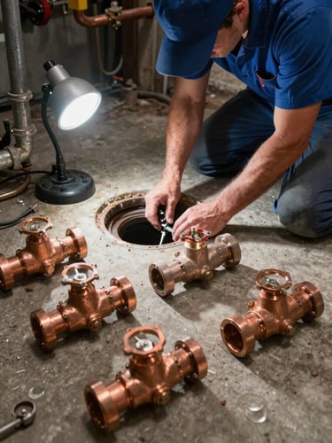 Wide environmental shot of a licensed plumber working on a corroded drain assembly in a White Plains basement, work lamp casting cool-white light across copper valves and pipe sections laid out on concrete floor