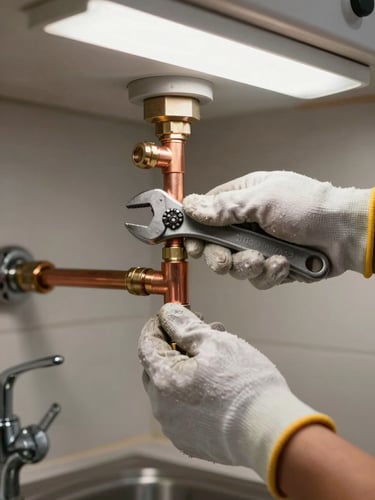 Close-up of a plumber's gloved hands tightening a copper pipe fitting under a kitchen sink, wrench gripped firmly, practical overhead fluorescent lighting, White Plains residential kitchen visible in background