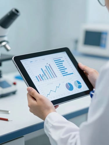Hands of an engineer in a clean clinical uniform holding a tablet with technical graphs, sterile background, high-precision tools visible, cool lighting.