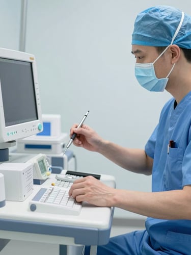 Hands of a clinical engineer in a sterile blue uniform calibrating a medical monitor using professional testing tools, sharp focus, cool clinical daylight