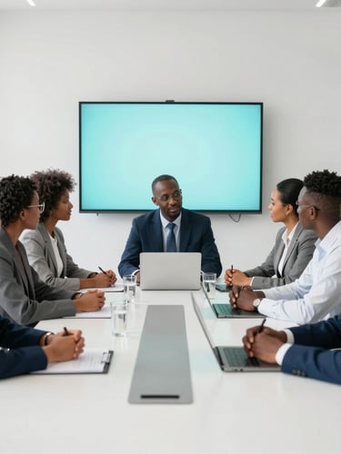A professional medium-wide environmental shot of a diverse African corporate team collaborating in a bright, modern conference room, natural daylight, soft cyan screen glows.