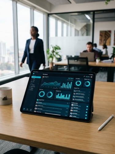 Clean corporate photography of a modern African office with bright natural daylight. A professional tablet lies on a light wooden desk, displaying a sleek customer communication dashboard with crisp cyan highlights and data visualizations. Sharp focus, professional navy and cyan tones, 35mm lens.