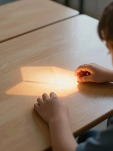 Over-the-shoulder shot of a child's hands interacting with a luminous, soft-amber geometric light projection on a clean wooden desk, natural classroom light blending with the projection glow.