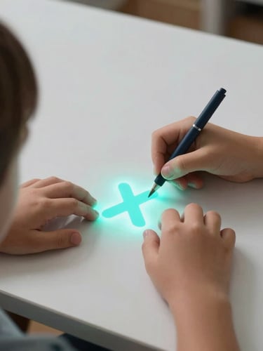 A close-up over-the-shoulder shot of a child's hands tracing a glowing turquoise letter projected onto a clean white desk, daylight blending with the projection.