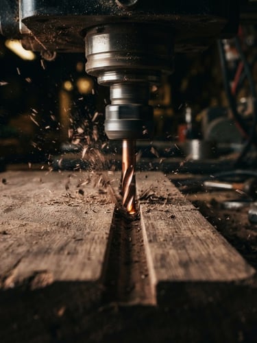 Extreme macro close-up of a CNC router bit carving clean channels into a raw dark walnut plank, dramatic side-lighting showing wood grain and metal textures, moody workshop atmosphere, 35mm