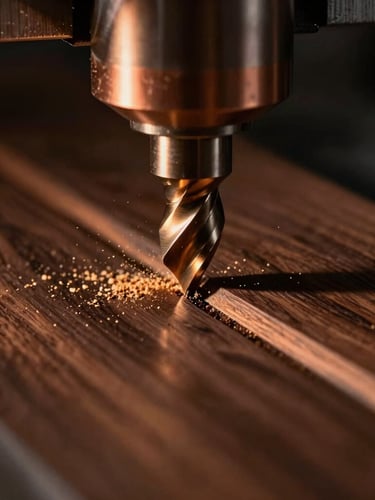 Extreme macro shot of a CNC router bit cutting a clean channel into dark walnut, fine sawdust flying, dramatic golden side-lighting, 35mm