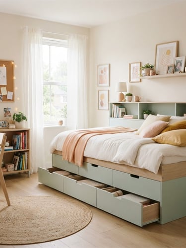 Brightly lit teen bedroom with a pastel wood storage bed on the right, integrated drawers visible, clean modern styling, soft diffused daylight, 35mm lens