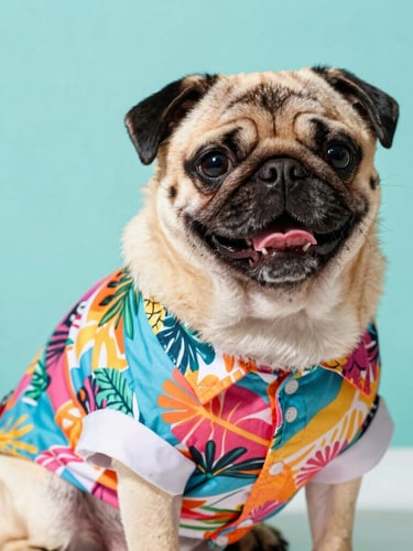 Vibrant studio photography of a happy pug wearing a colorful tropical shirt, bright daylight, teal background, eye-level medium shot