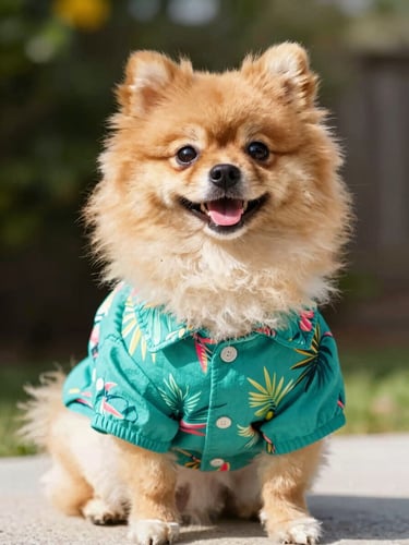 A happy fluffy Pomeranian wearing a vibrant tropical teal shirt, sitting proudly in bright daylight, eye-level shot, bright cheerful pet photography, natural daylight, vibrant saturated colors, shallow depth of field, sharp focus, 35mm lens