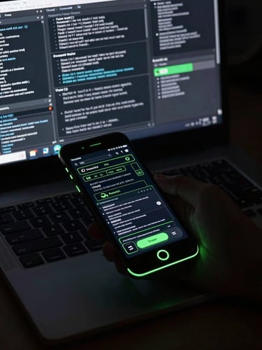 Moody tech photography of a developer analyzing high-fidelity wireframe overlays on a physical Android device, electric green LED accents, low-key ambient light
