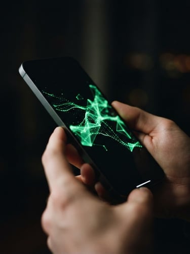 Moody tech photography, low-key ambient light with electric green accents, sharp focus on a physical Android device displaying a fluid UI animation, 35mm
