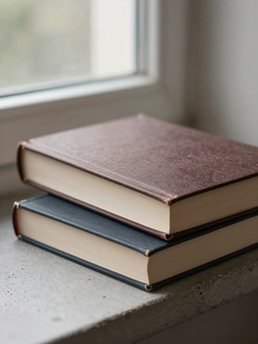 A closed novel resting on a stack of two other books on a bare concrete shelf, soft diffused north window light, dark ochre-toned cover facing upward, no text visible, paper and board texture in close detail