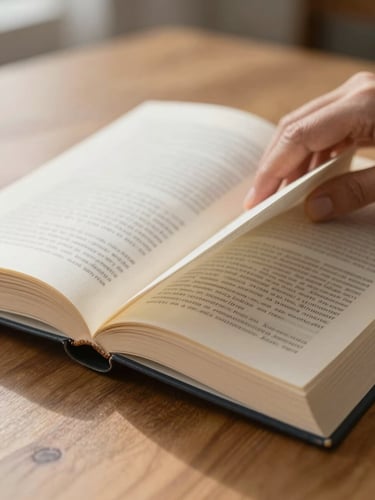 Close-up of a hand slowly opening a paperback book on a wooden desk, soft north-facing daylight from the left, paper texture and spine binding visible in sharp focus, muted cream tones