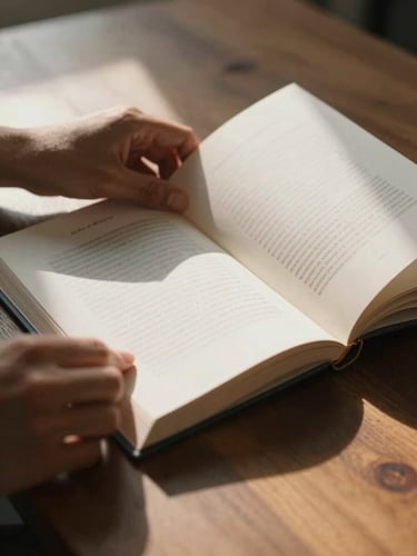 Hands gently opening a slim paperback on a wooden desk, late afternoon side-light casting a long shadow across the pages, paper grain visible, Indonesian coastal motif on the cover barely legible, no flash, quiet and still