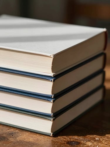 Tight close-up from the left edge — a stack of three books on a worn wooden desk, spines facing camera, soft north-facing daylight raking across the covers, paper texture visible, one book open at the spine with pages slightly fanned, no hands, no decoration
