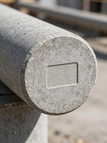 Extreme close-up macro of a concrete circular pole cross-section end, shot in natural daylight on a construction yard — circular profile clearly visible, homologation stamp embossed on the concrete surface, industrial gray texture filling the frame, shallow depth of field, no people